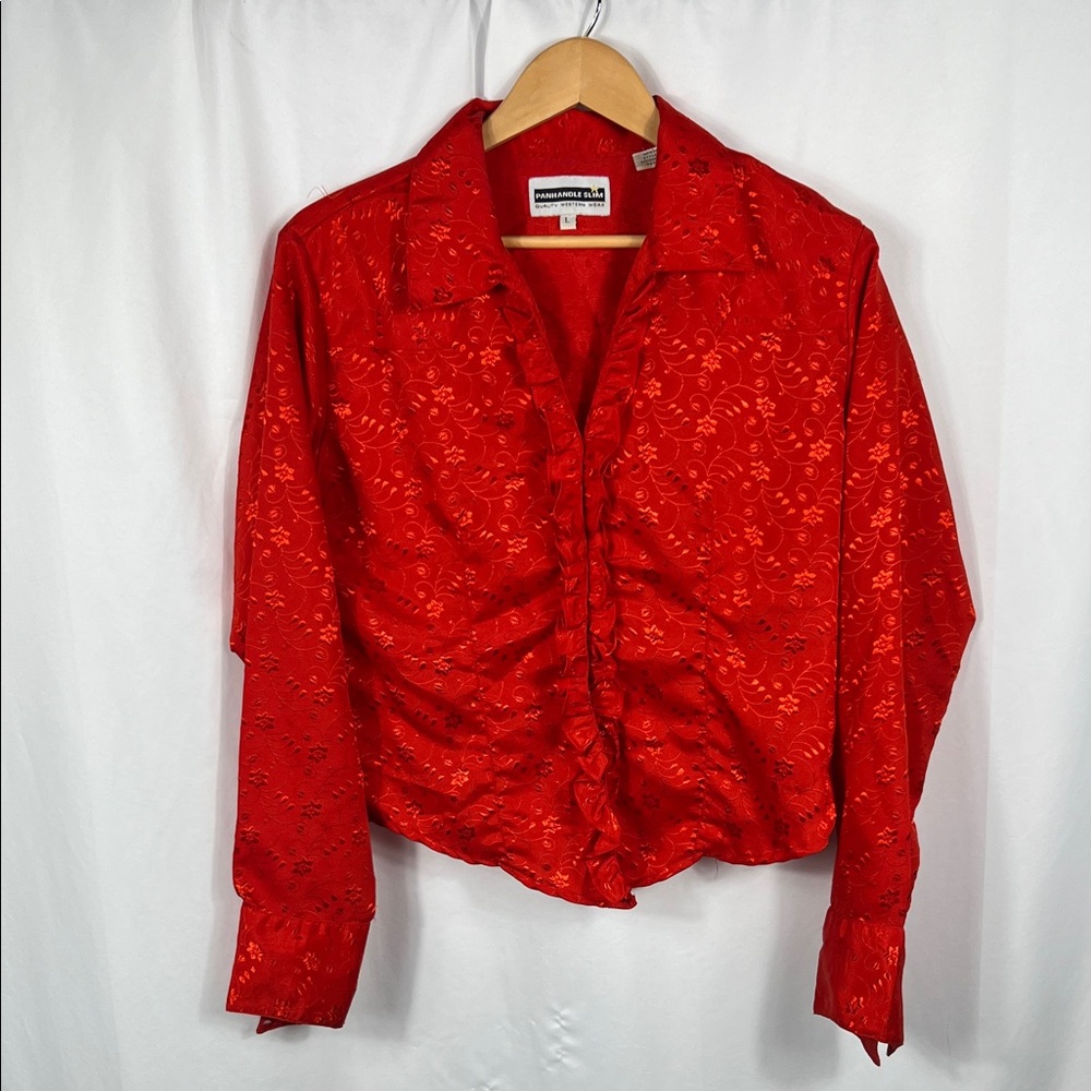 Vintage Panhandle Slim Red Satin Embroidered Floral Ruffle Shirt Womens Sz Large